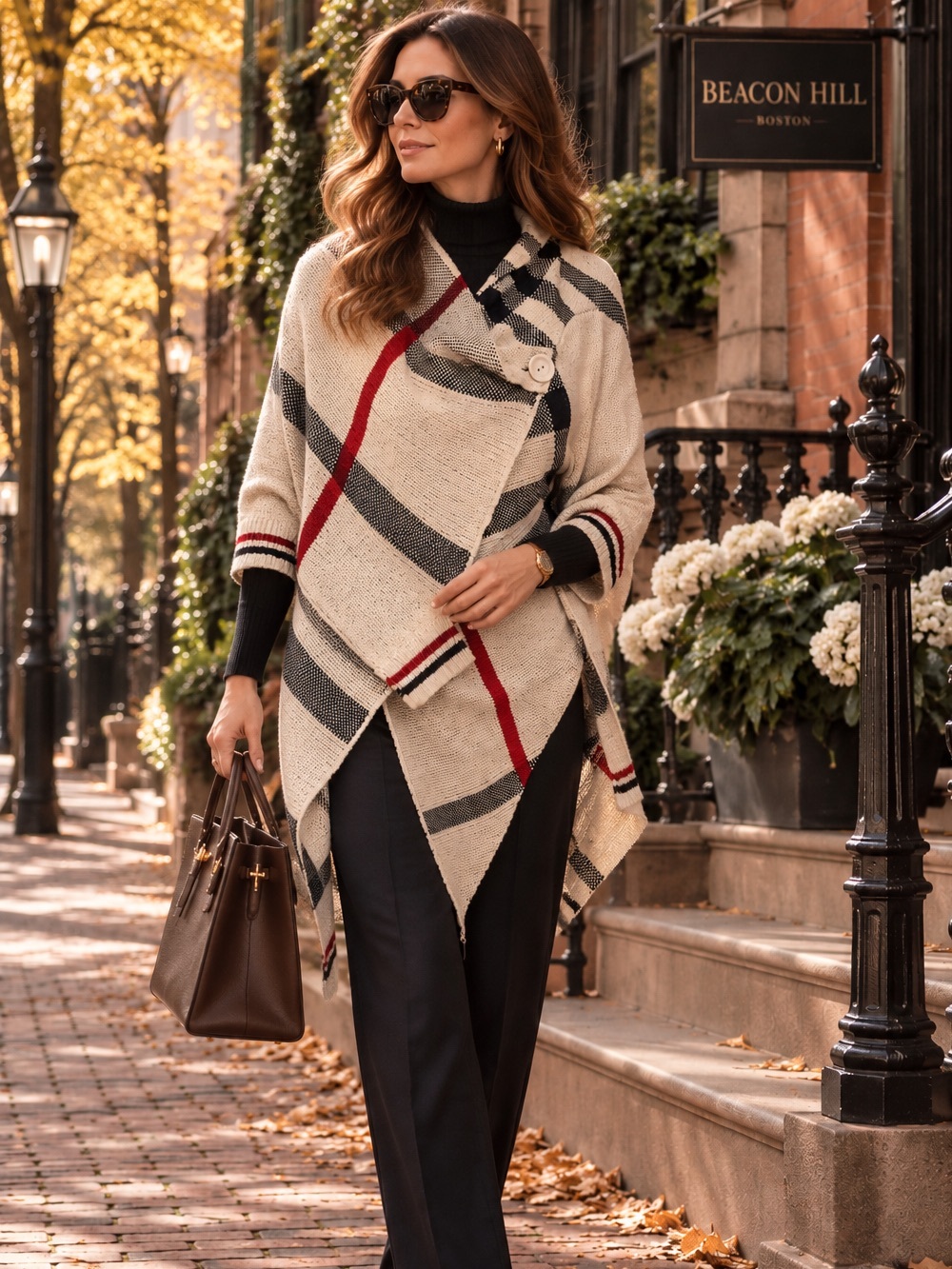 Plaid Draped Wrap Poncho Cape Cream Black Red Equestrian Quiet Luxury OS Fall